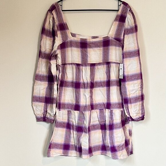 NWT BP by Nordstrom Cream + Purple Plaid Long Sleeve Square Neck Mini Dress - M - Picture 2 of 6